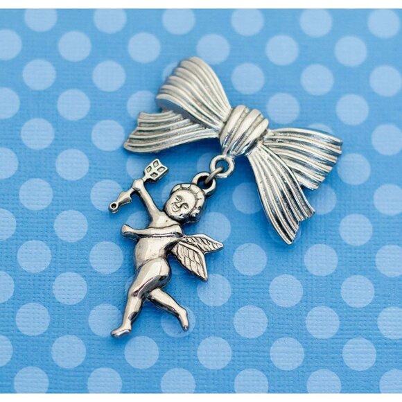 Vintage Angel Dangle Silver Tone Brooch - M22 - Picture 1 of 2